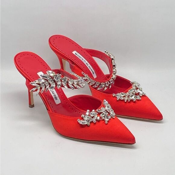 Manolo Blahnik Lurum 90MM Embellished Satin Mules size 37.5 - Picture 8 of 16